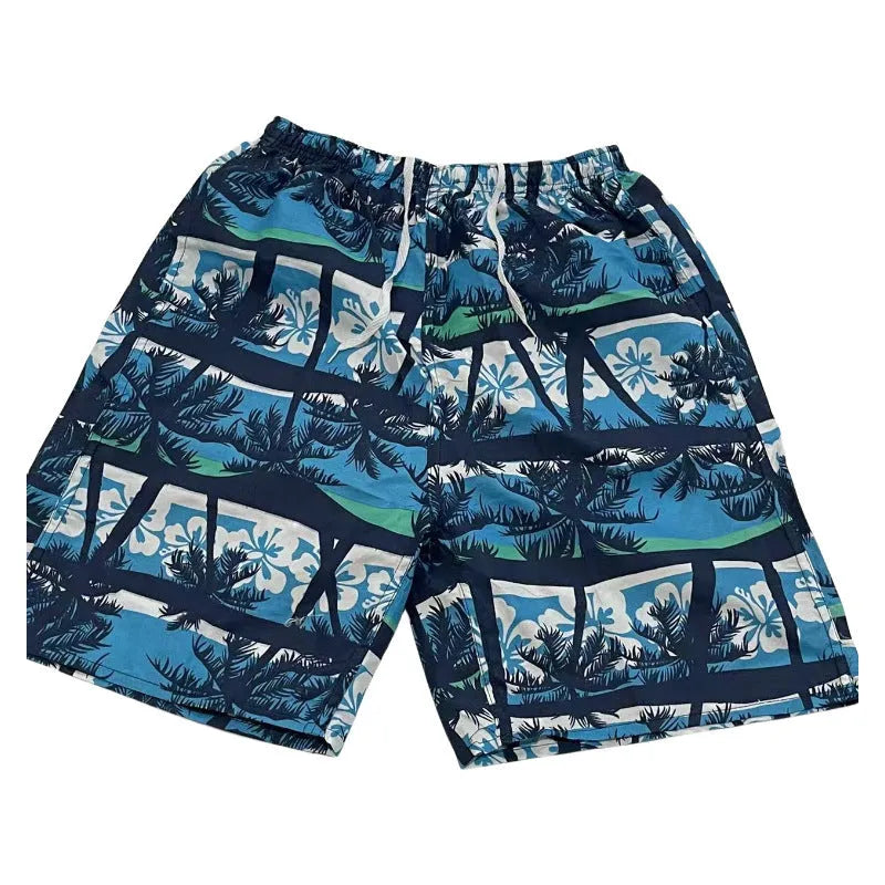 Men's floral printed swimming trunks with five-point design in quick-dry polyester material