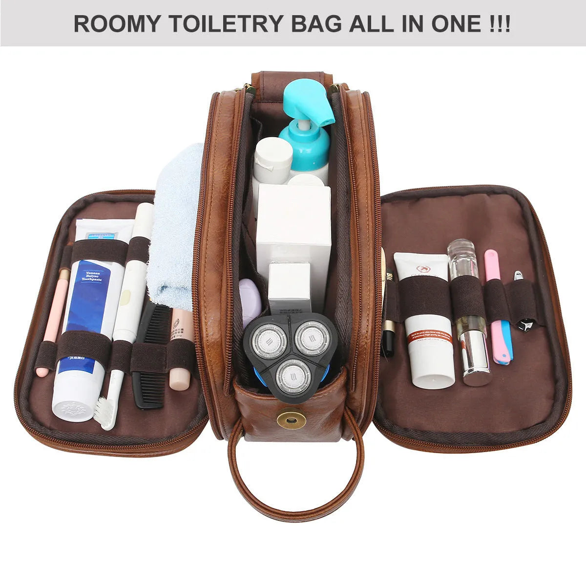 Men's black waterproof toiletry bag with multiple compartments open showing interior organisation