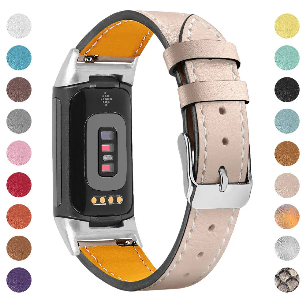 Genuine cowhide leather strap for Fitbit Charge 5 and Charge 6 smartwatch in multiple colour options.