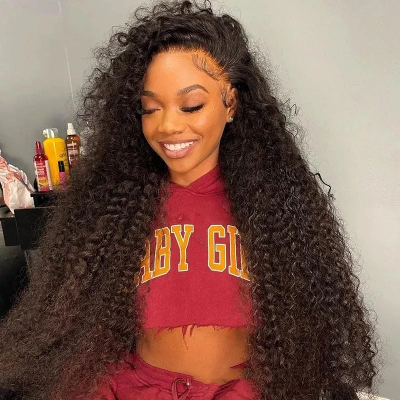 Jerry curly human hair lace front wig in medium length with half lace construction