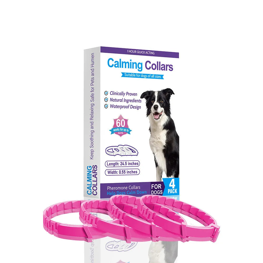 Four dog collars in assorted colours with Chinese style monochrome patterns, TPR material construction