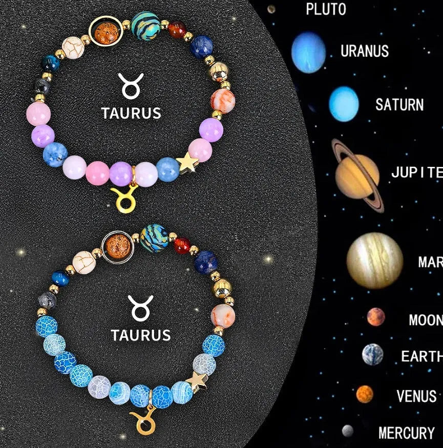 Set of two natural stone beaded bracelets with zodiac charms on a textured background.