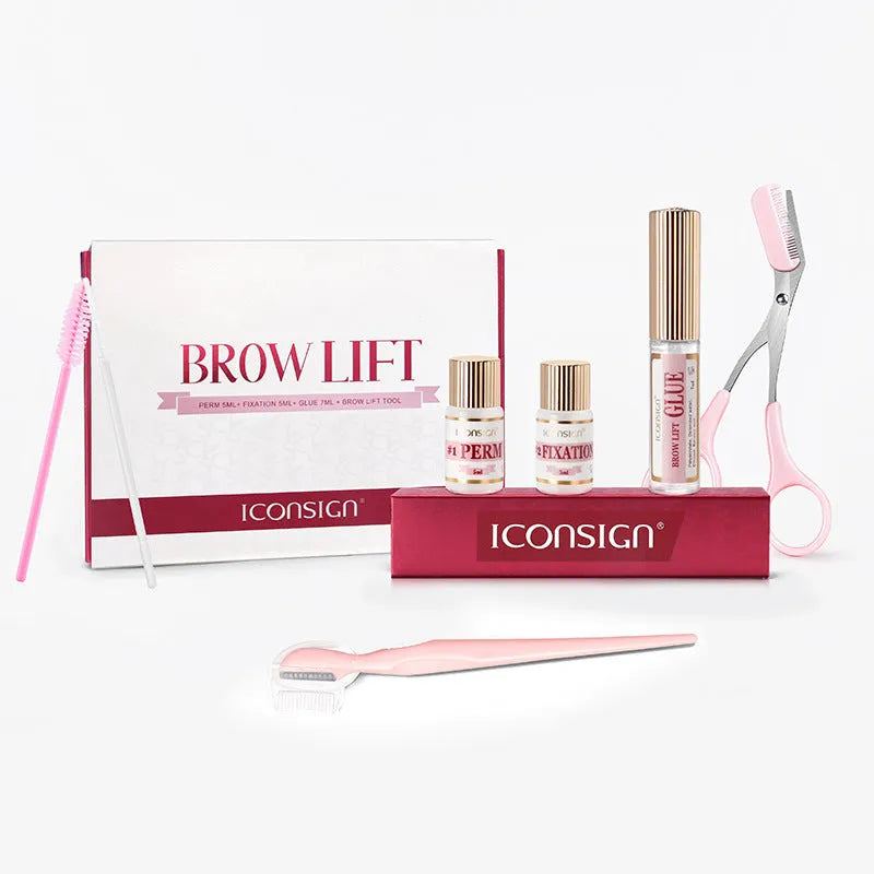 Pink eyebrow quick ironing suit and components from an eyebrow perm set.