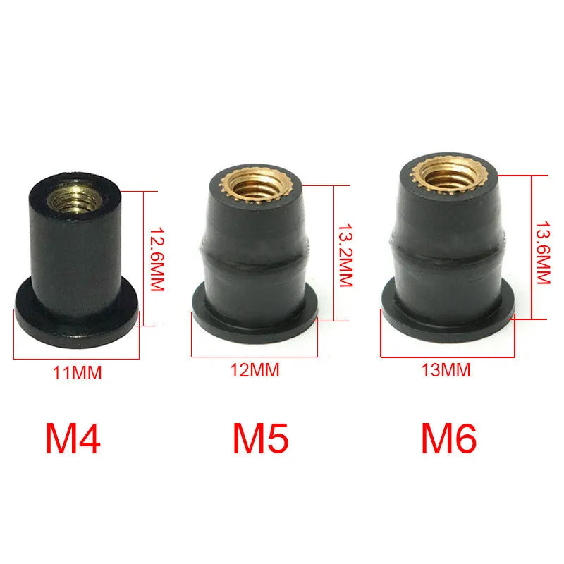 Black rubber brass nut motorcycle windscreen mounting fasteners in M4 M5 M6 sizes