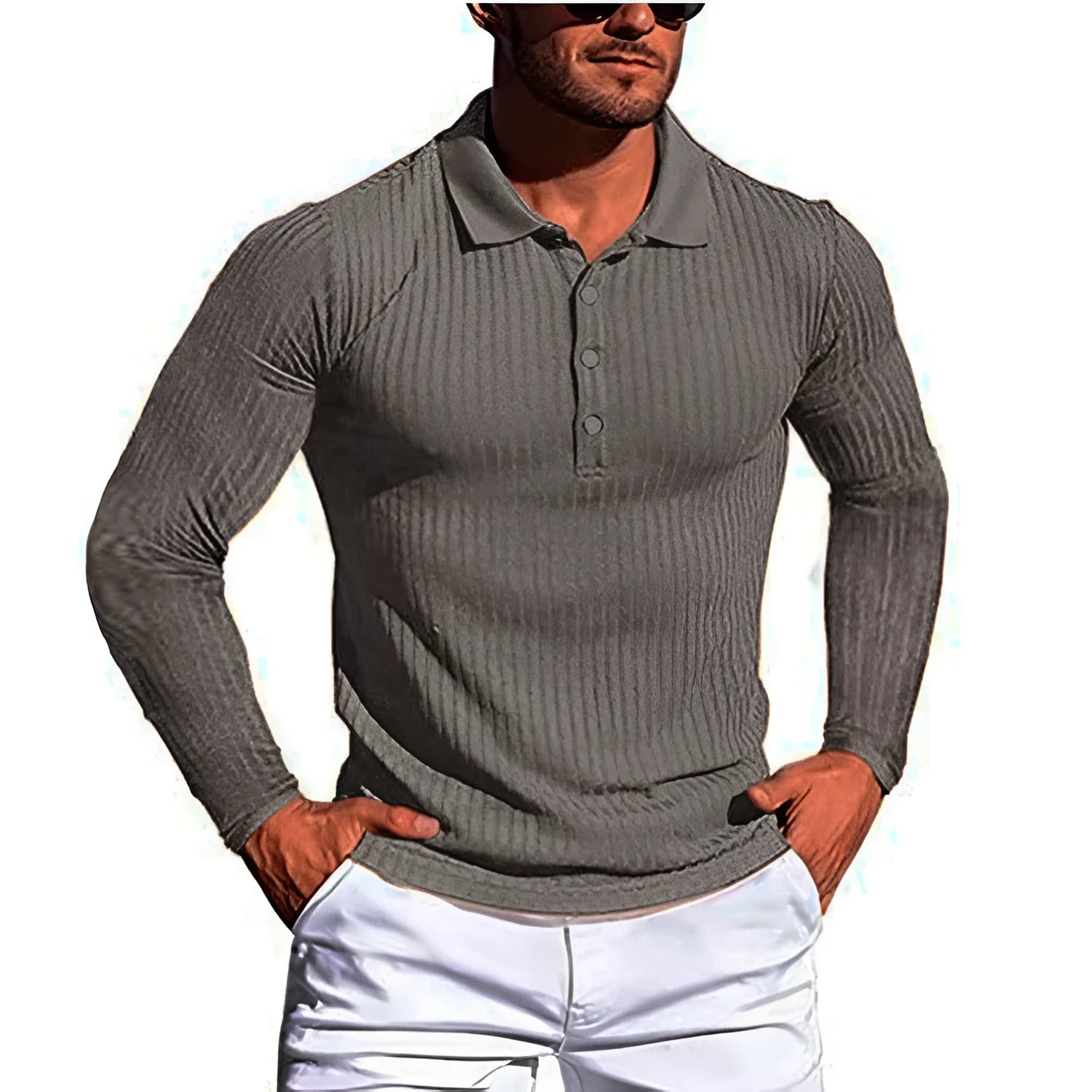 Man wearing a high elasticity slim knit summer shirt in a loose fit with short sleeves, shown in one of ten available colours.