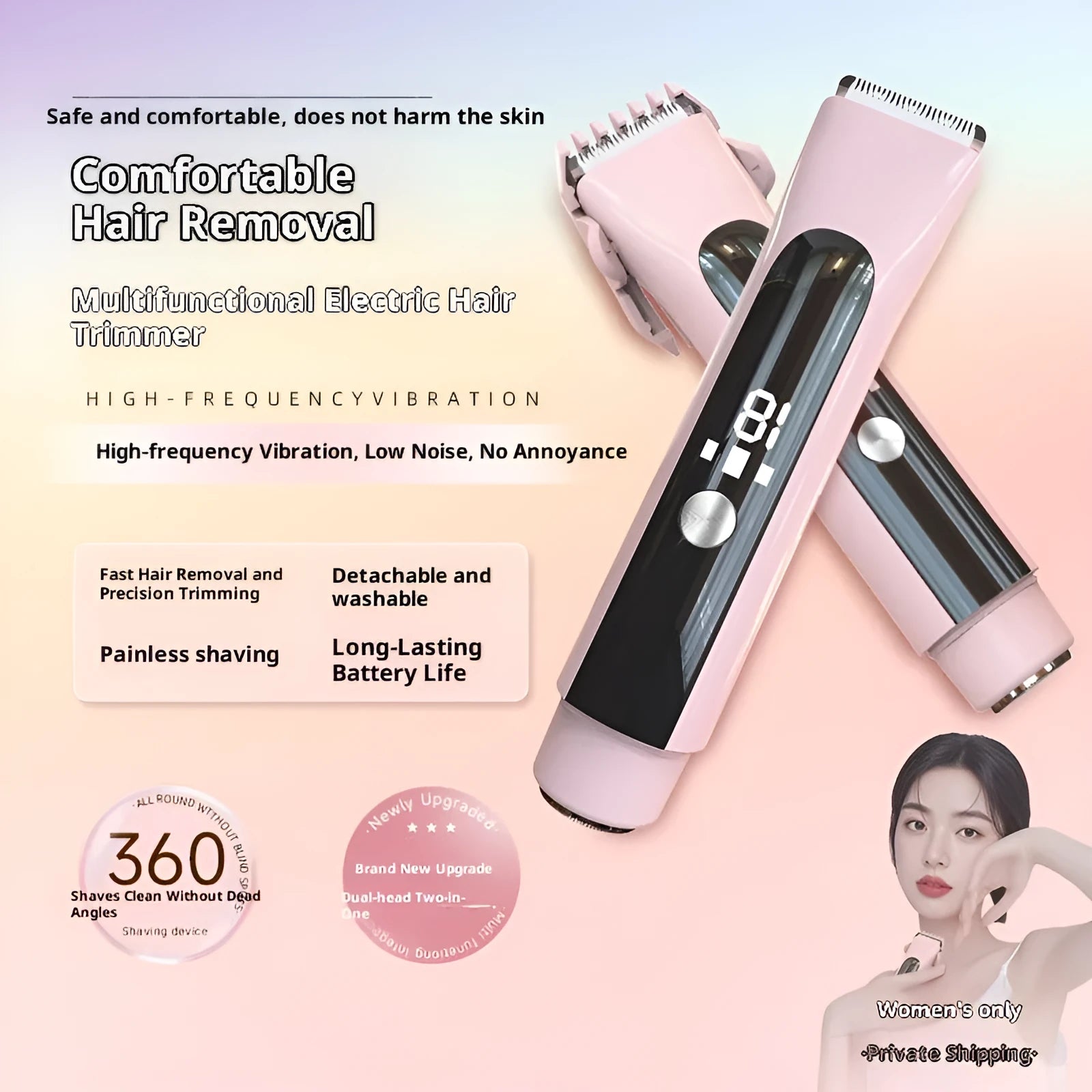 Women's double-headed hair removal device with USB charging, fully washable, available in blue