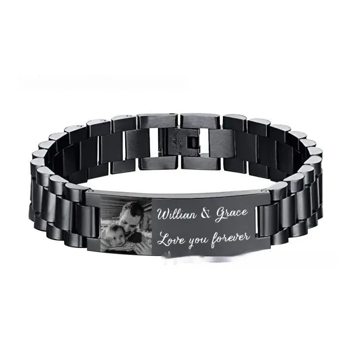 Men's stainless steel heart-shaped bracelet with engraved lettering options on wrist