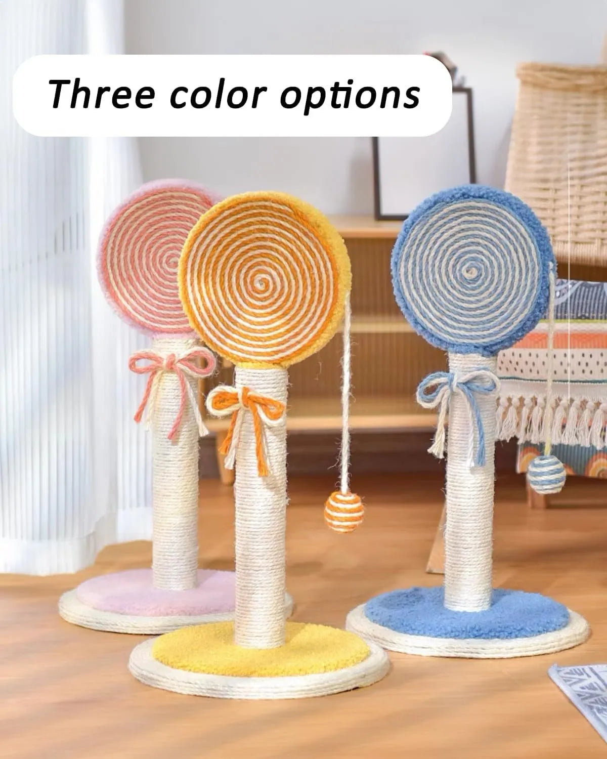 Blue sisal rope cat scratching post with a hanging toy ball on a sturdy wooden base.