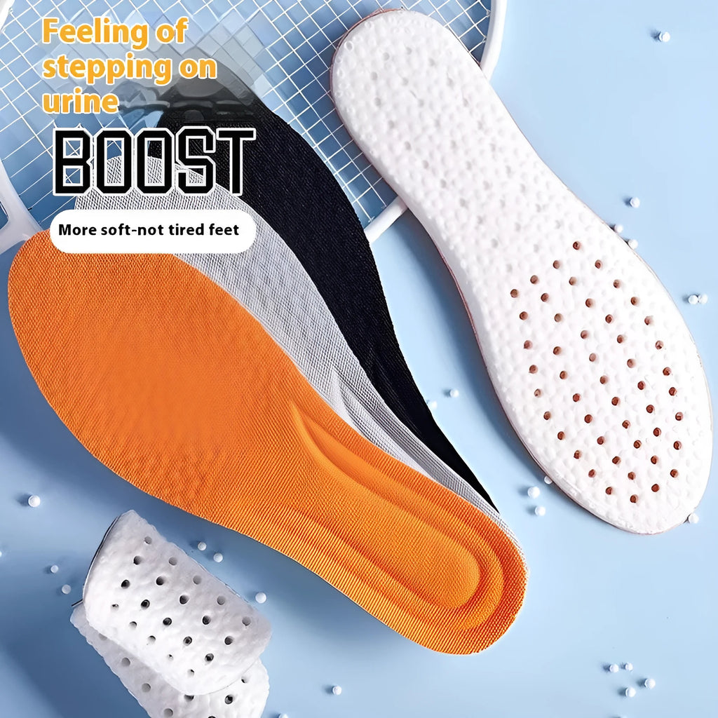 Grey, black, and orange breathable sports insoles made from soft PU, shown with size guide from 35 to 46.