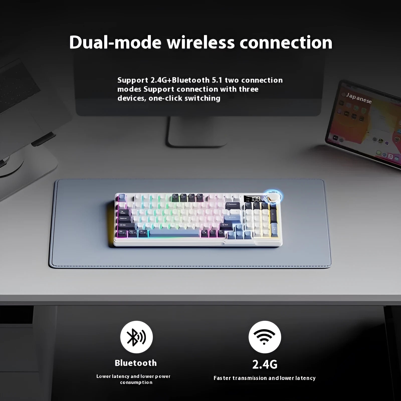 Wireless mechanical-feel keyboard and mouse in a two-tone colour option, showing Type-C cable and connectivity switches.