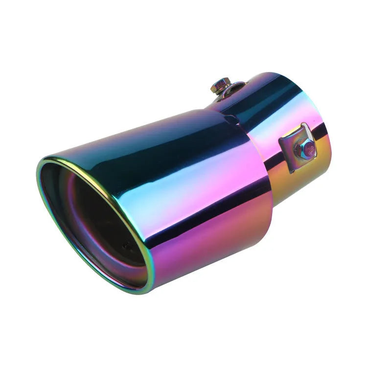 Stainless steel universal car exhaust tailpipe showing straight and curved shape options in different finishes.