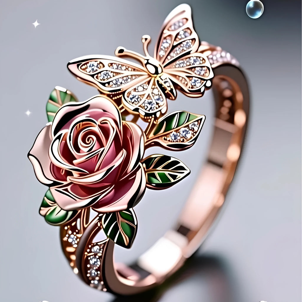 Alloy adjustable ring with oil-dipped butterfly and floral design in fairy style