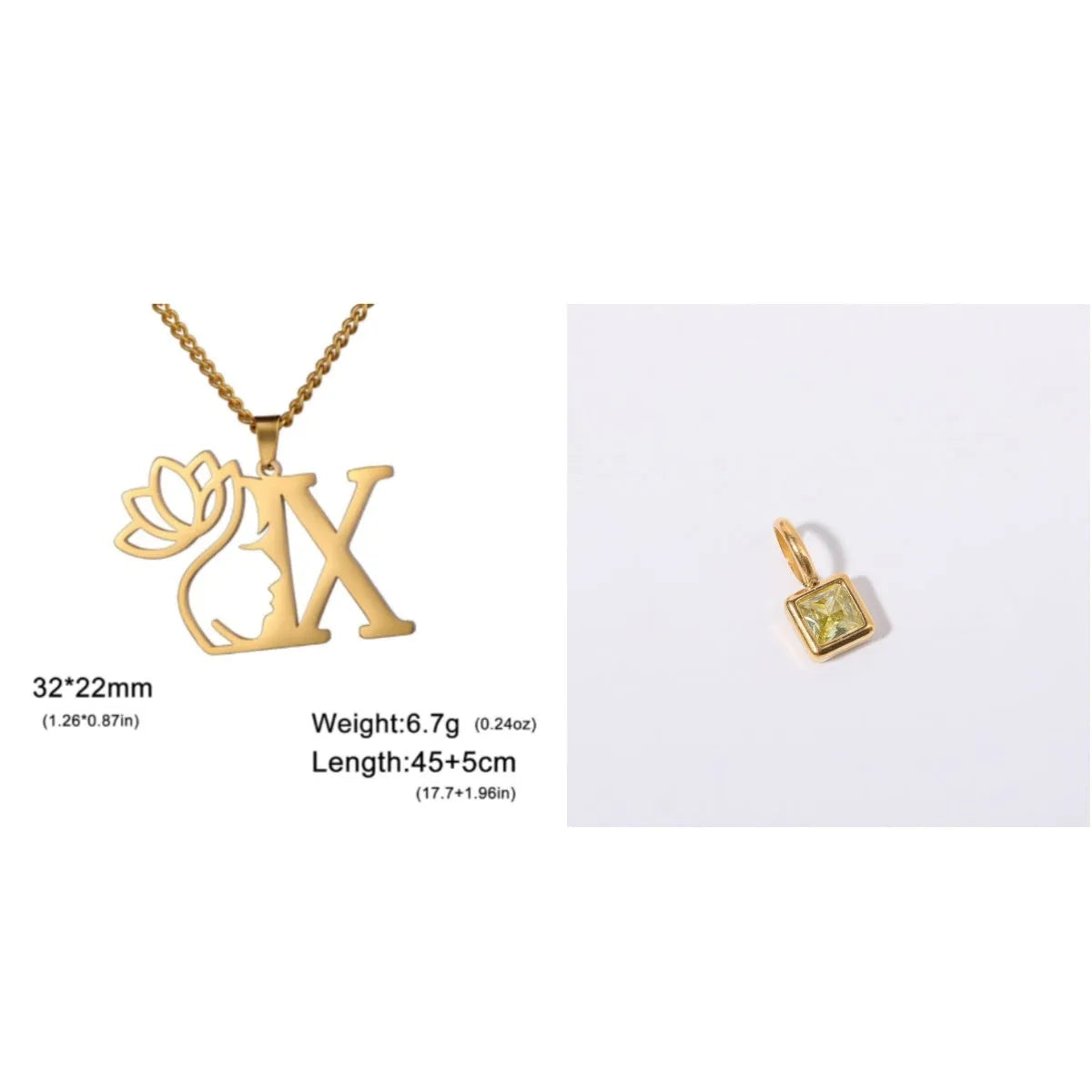 Stainless steel necklace with a single alphabet letter pendant on a cross chain, in gold or silver colour.