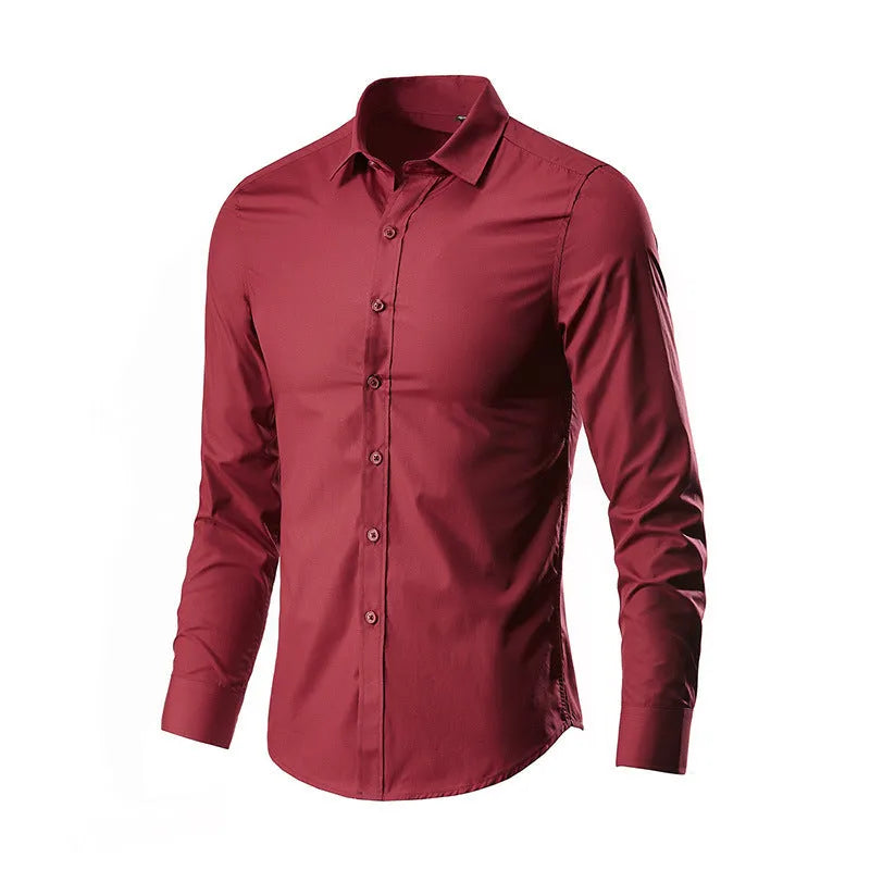 Man wearing a linen long sleeve slim fit shirt in a choice of 18 colours, showing the relaxed fit and sleeve detail.