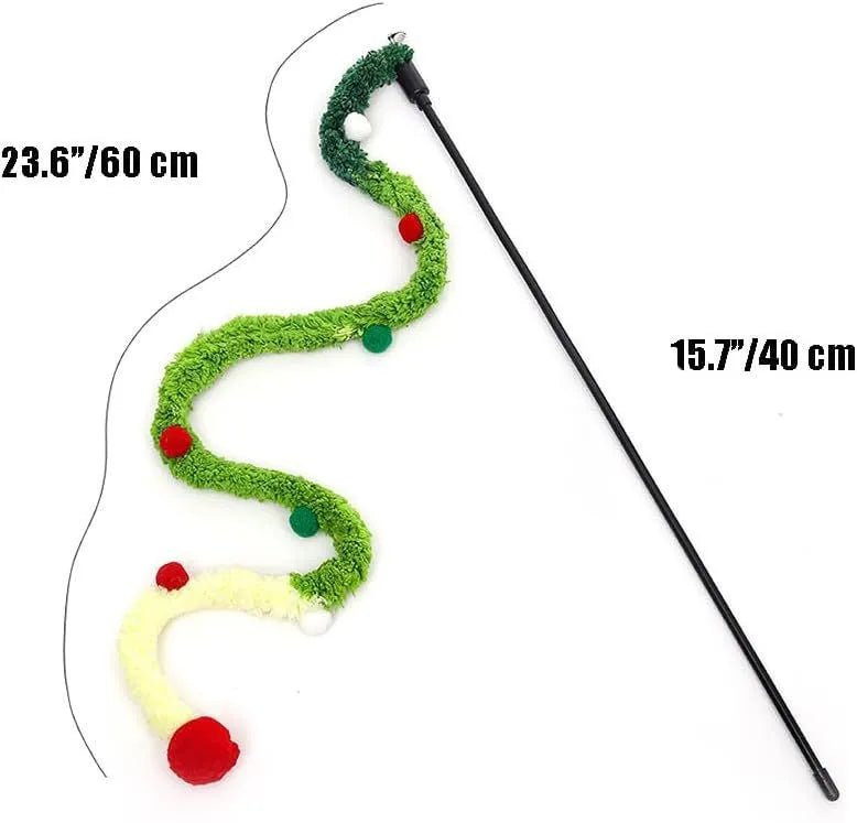 Colourful plush strip cat wand toy with jingle bells on a 41cm long pole