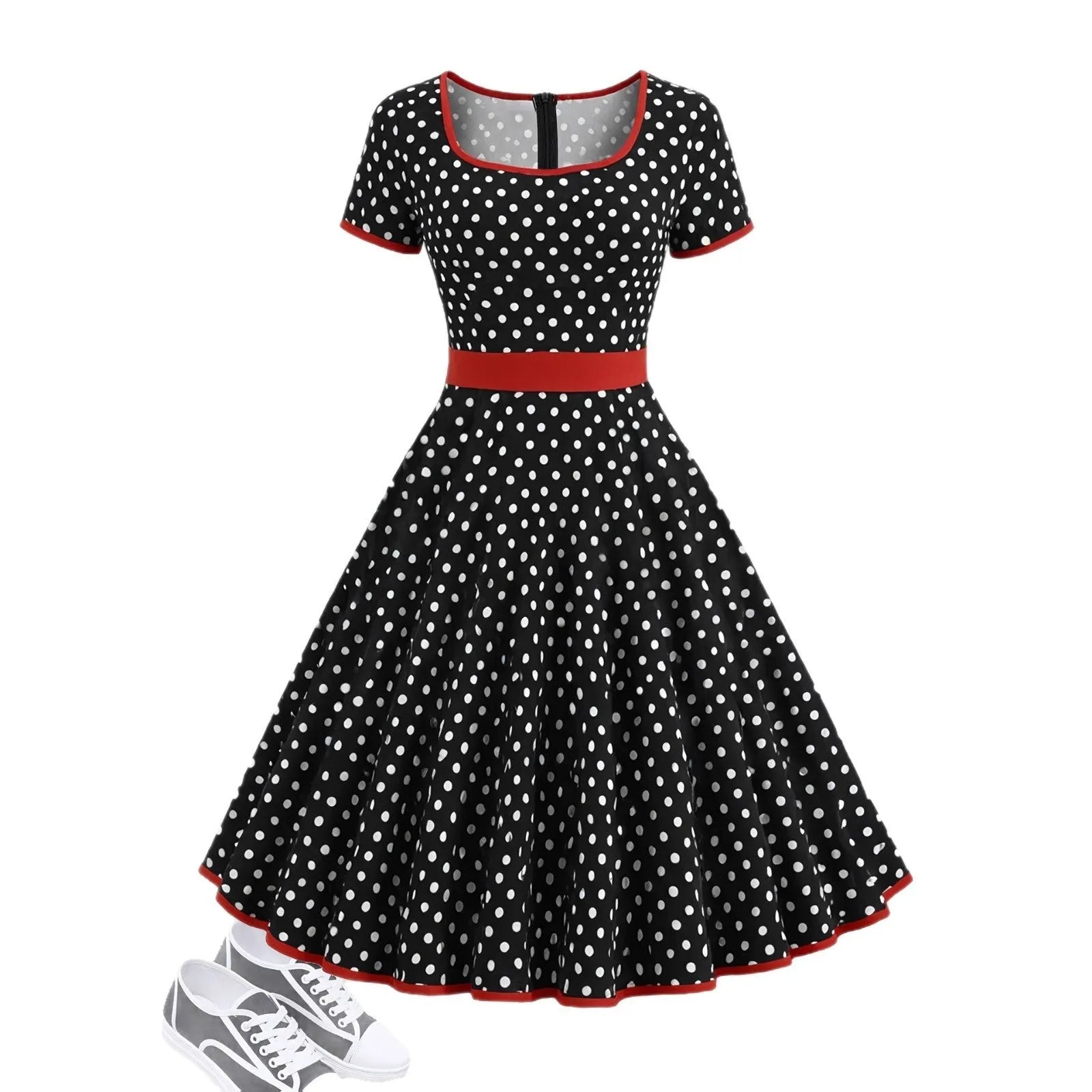 Multicolour polka dot dress with square collar, short sleeves, zip front, and pleated mid-length skirt.