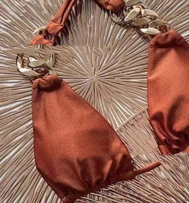 Brown women's tube-top push-up bikini swimsuit with ring tether detail