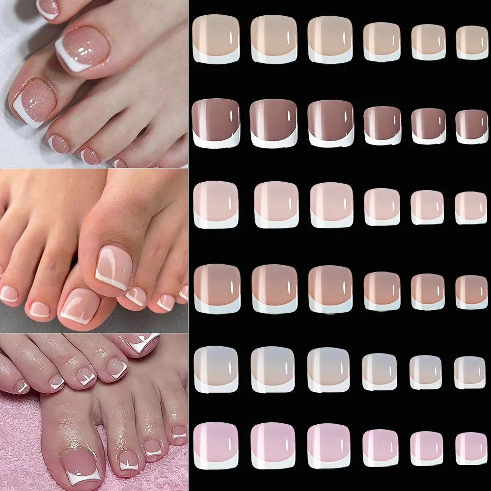 120-piece box of French white tip false toenails in nude colours, square short shape.