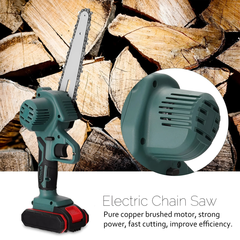 Black one-hand mini electric chainsaw with 4-inch guide bar on a workbench.