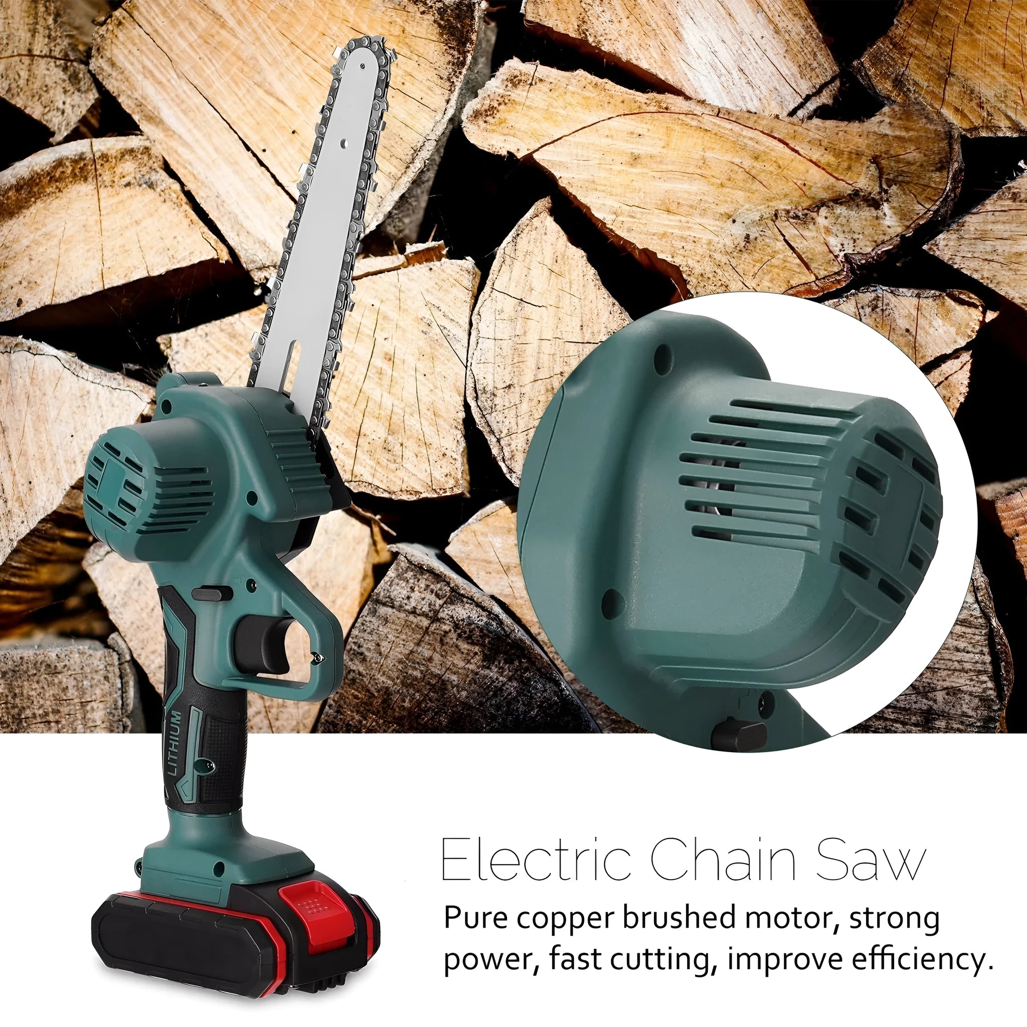 Black one-hand mini electric chainsaw with 4-inch guide bar on a workbench.