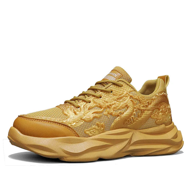Men's casual fly knit sneakers with Chinese dragon design in various colours