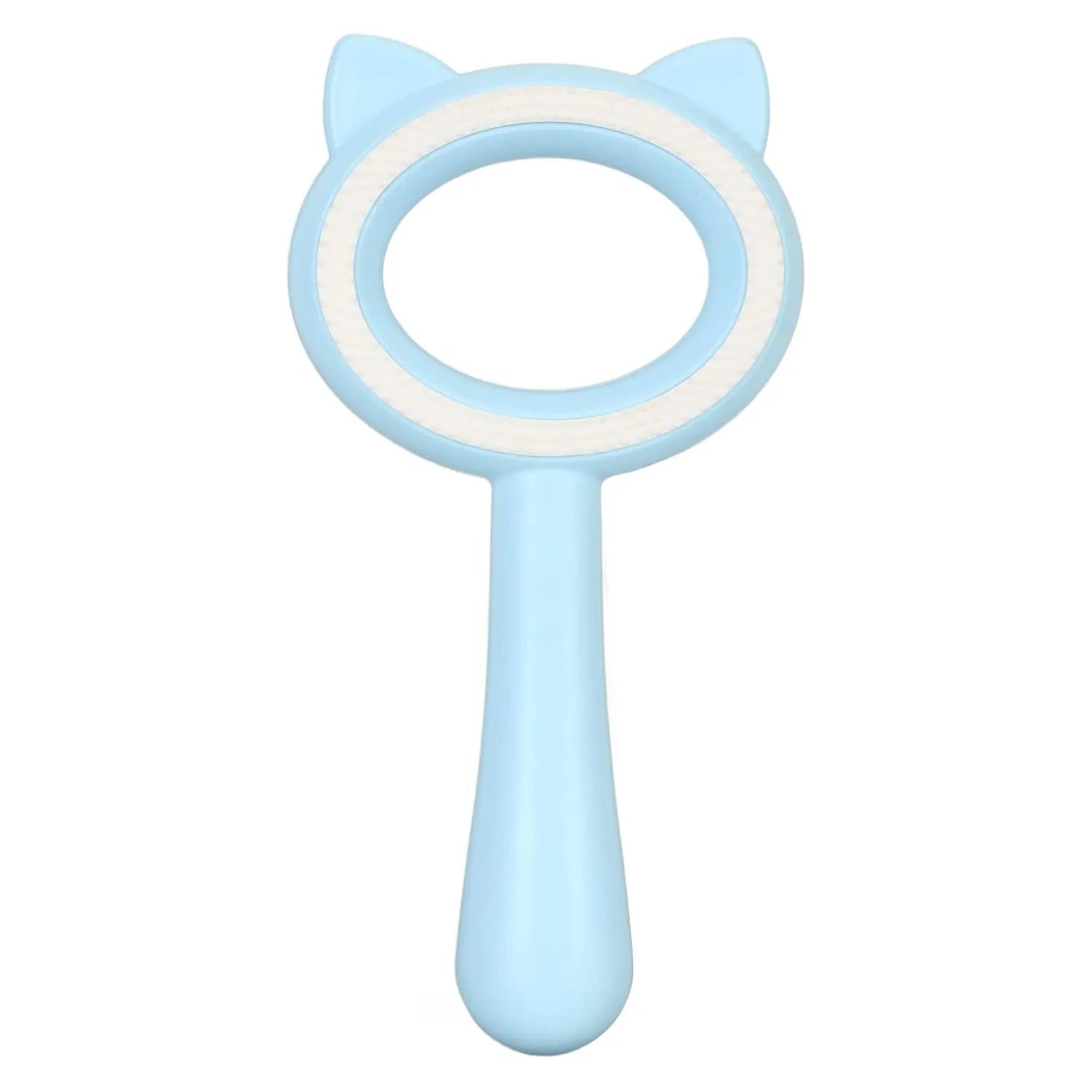 Blue and white double-sided pet grooming brush with quick-clean button and ergonomic handle for cats and dogs