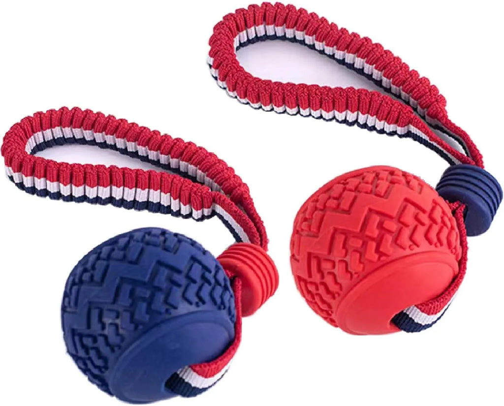 Natural rubber dog ball with rope toy in blue or red featuring textured surface for teeth cleaning