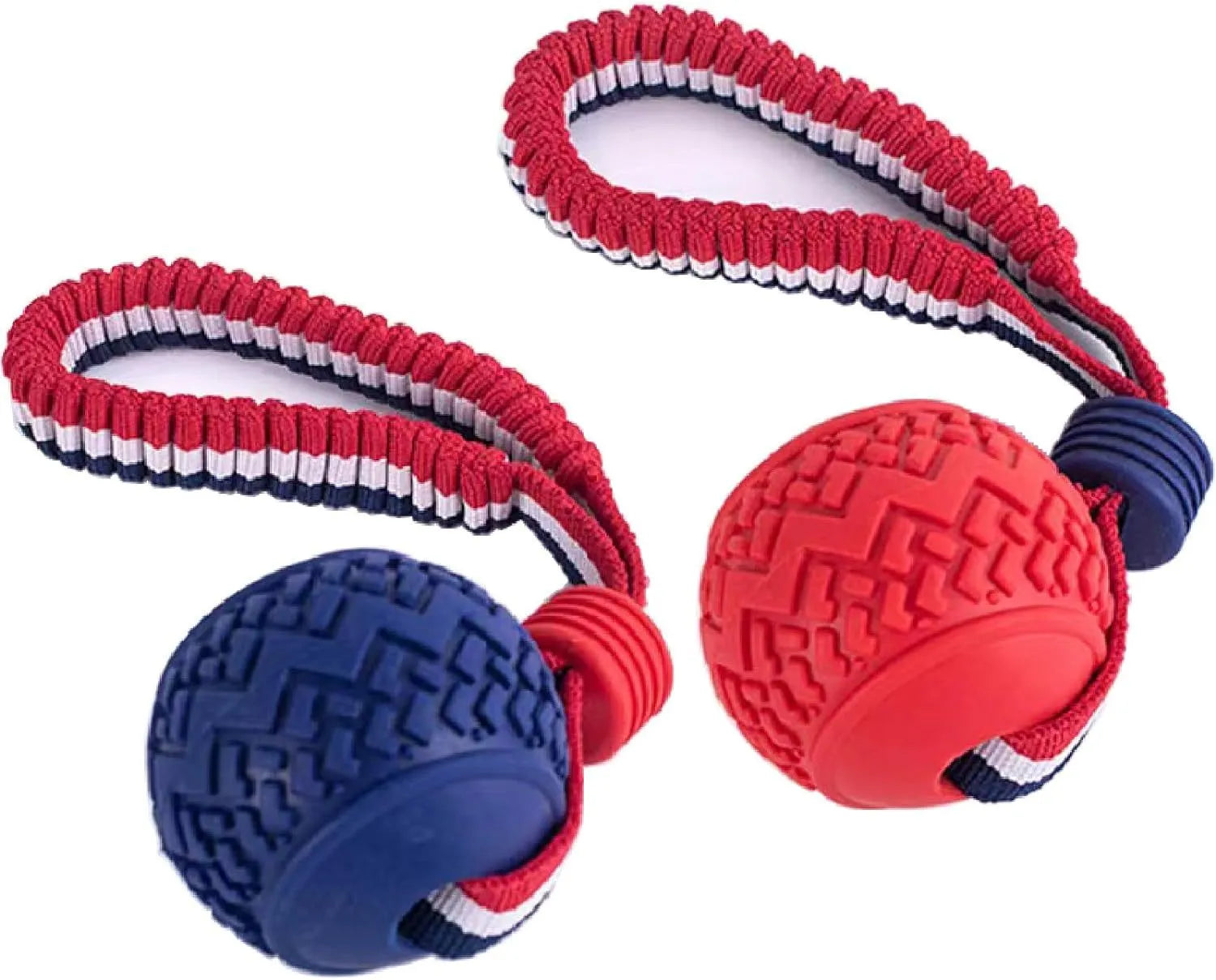 Natural rubber dog ball with rope toy in blue or red featuring textured surface for teeth cleaning