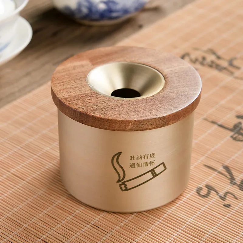 Creative retro brass ashtray with wooden lid in copper construction for living room use