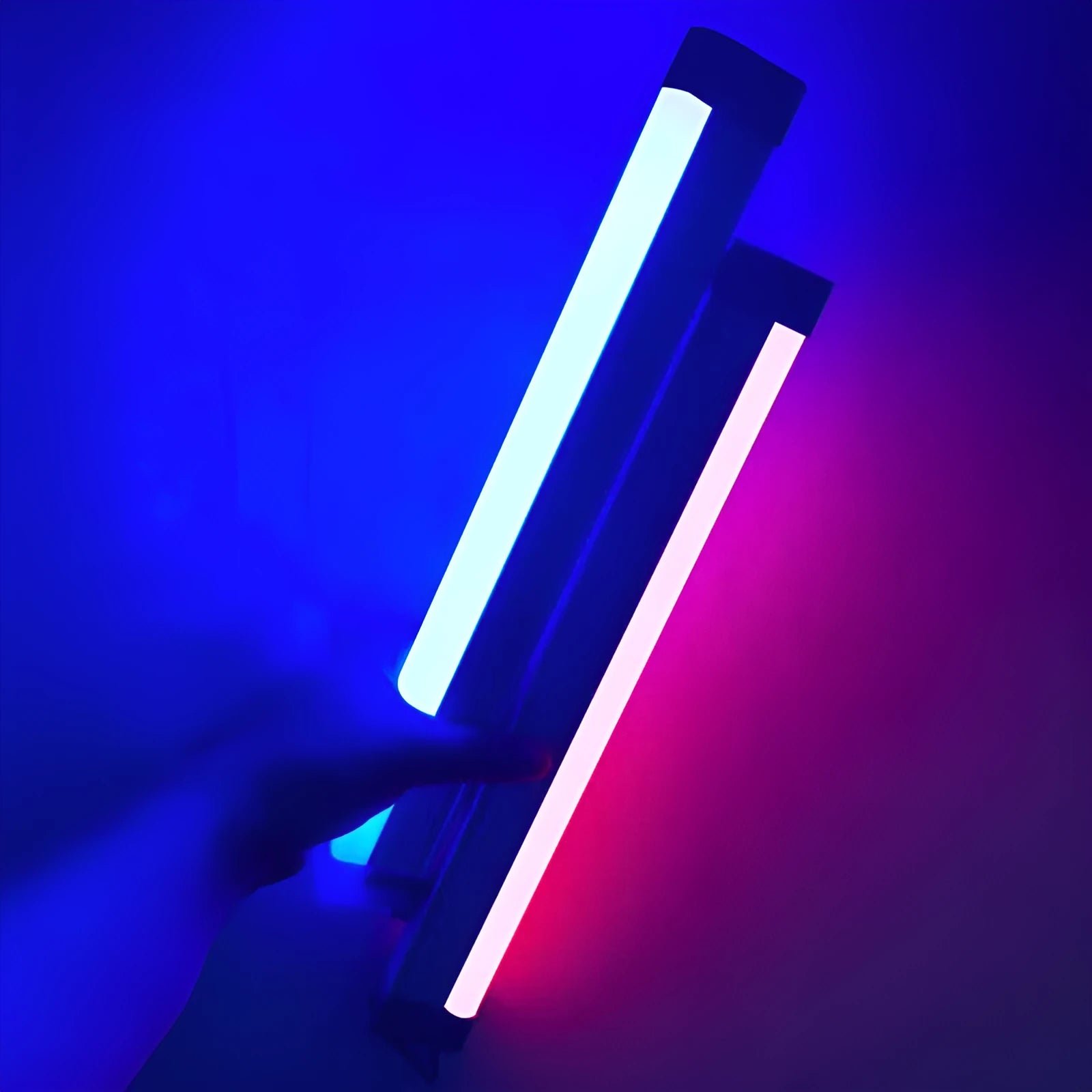 Blue and purple rechargeable LED tube night light with USB cable and dimmable switch.
