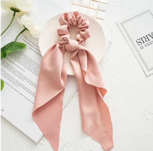 Spring dark green cloth hair tie with large intestine ring design and floral bandeau decoration