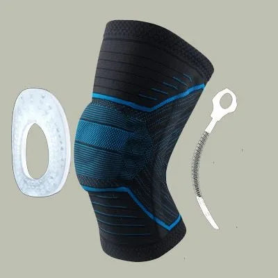 Adult knee patella protector brace with silicone cushion and side springs in black blue colour for basketball use