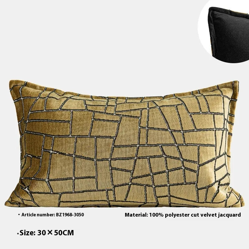 Gold geometric pattern decorative cushion cover shown in square and waist pillow sizes on a grey sofa.