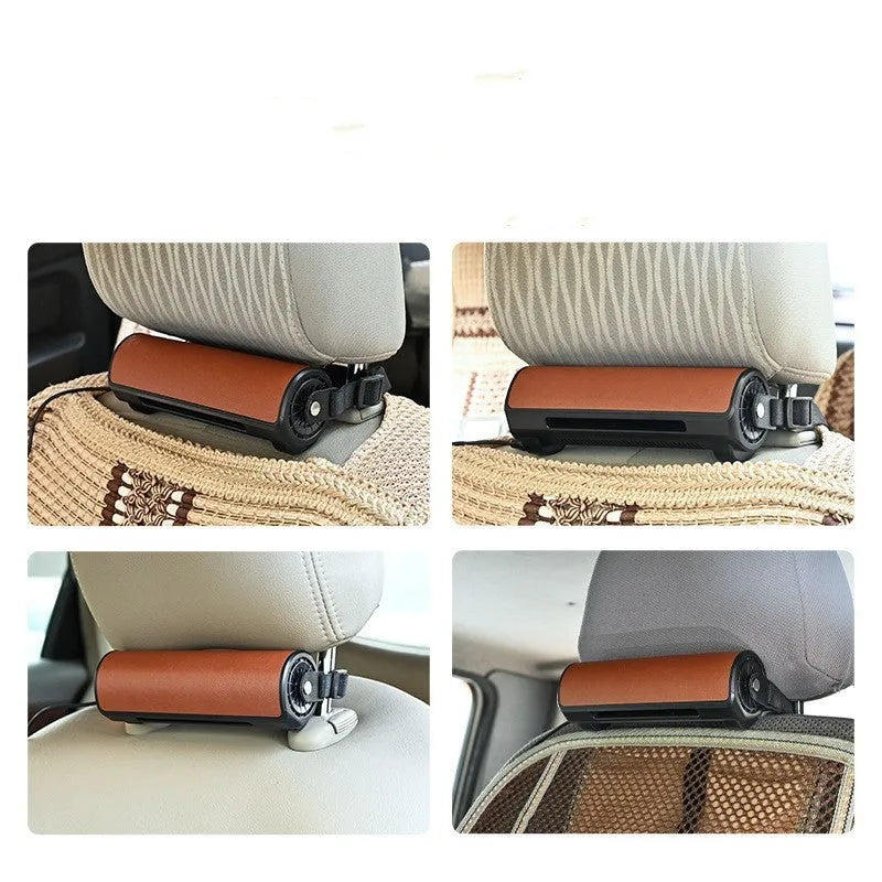 Black car mounted bladeless fan with USB power cord for vehicle ventilation