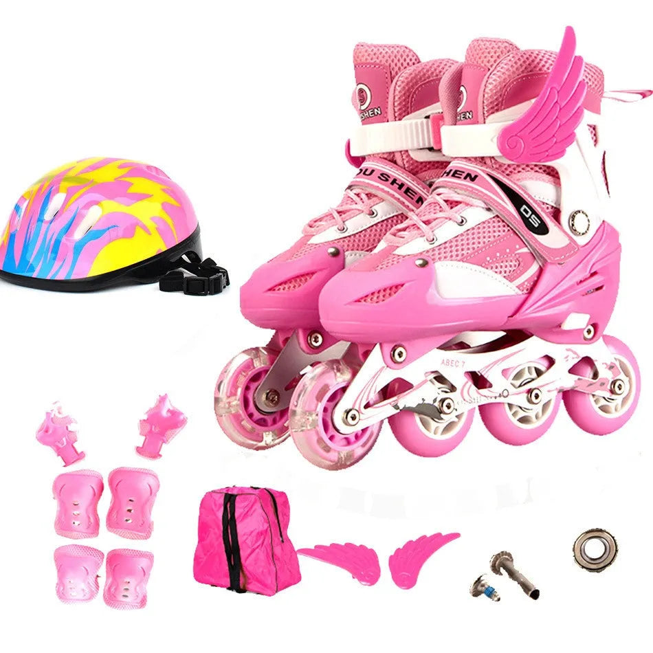 Children's adjustable roller skates with aluminium frames, PU wheels and complete safety gear set