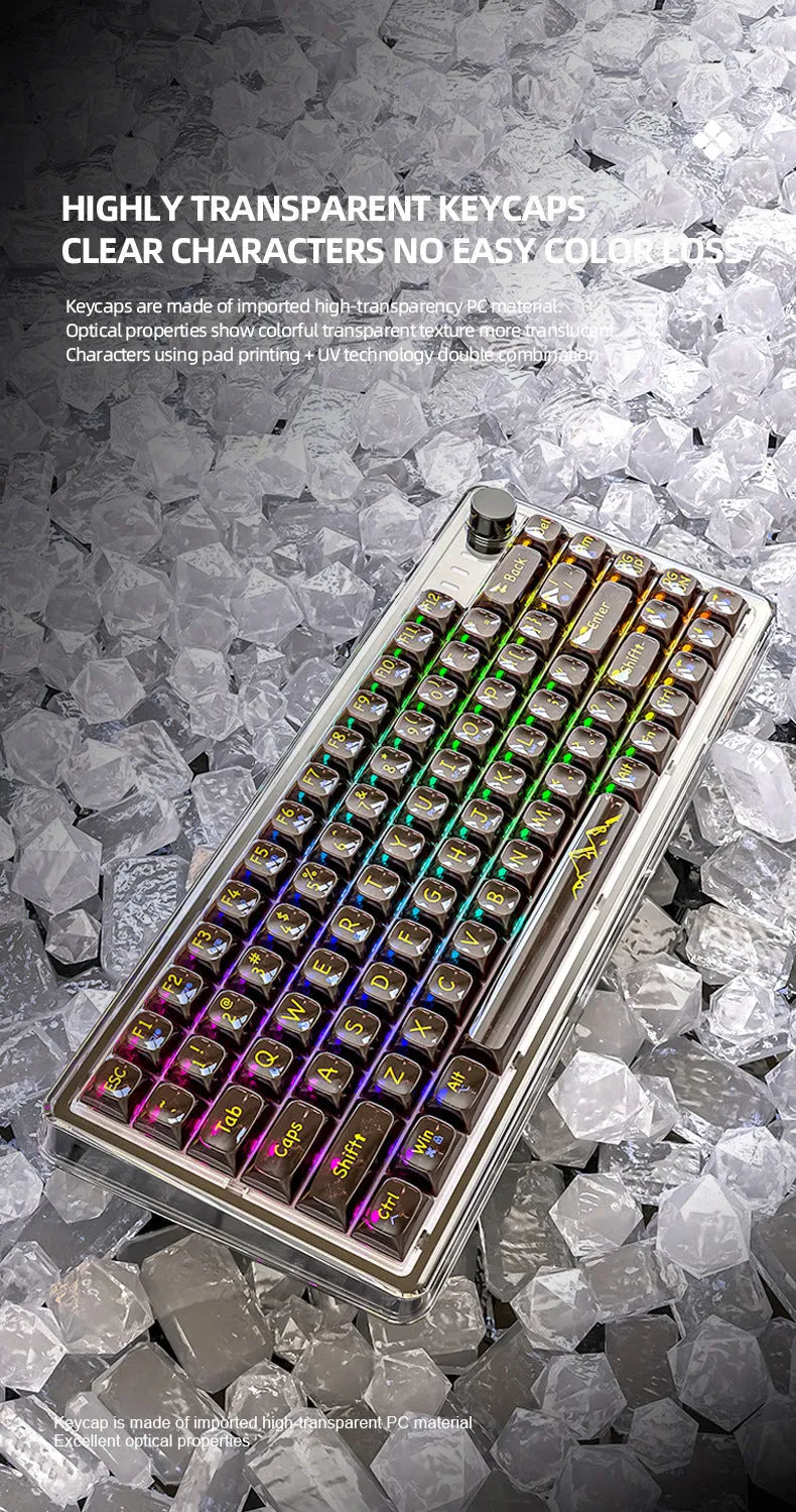 Attack Shark K75 RGB wireless mechanical keyboard with transparent black case, illuminated keys, and included accessories.