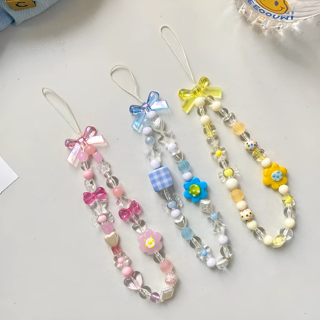 Colourful beaded flower mobile phone lanyard with detachable metal lobster clasp in blue, pink, or yellow designs