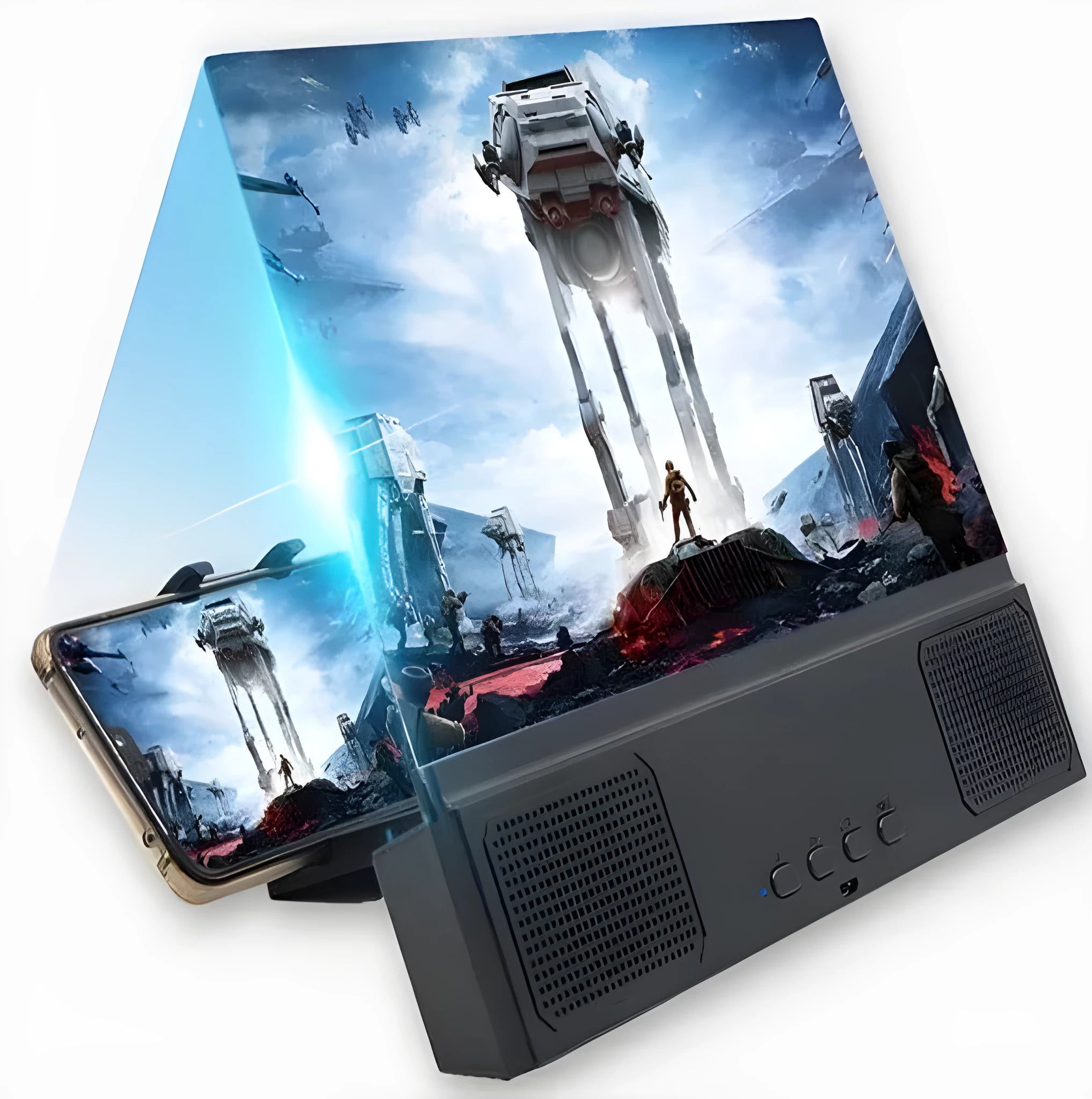 12-inch mobile phone screen amplifier with Bluetooth speaker and 18650 battery on a table.
