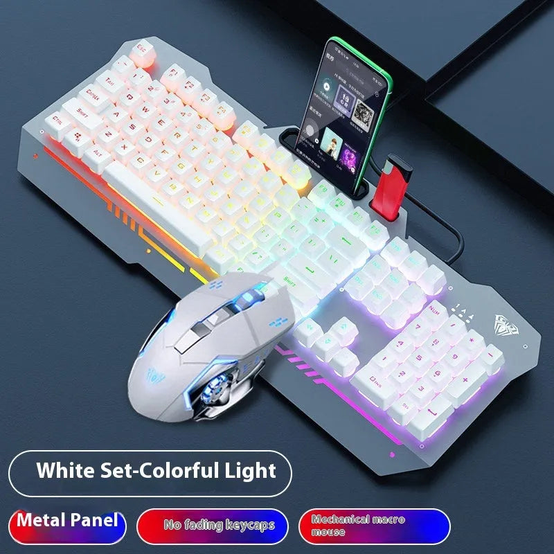 F3010 black and white metal gaming keyboard, mouse, and headset bundle with single-colour LED backlighting.
