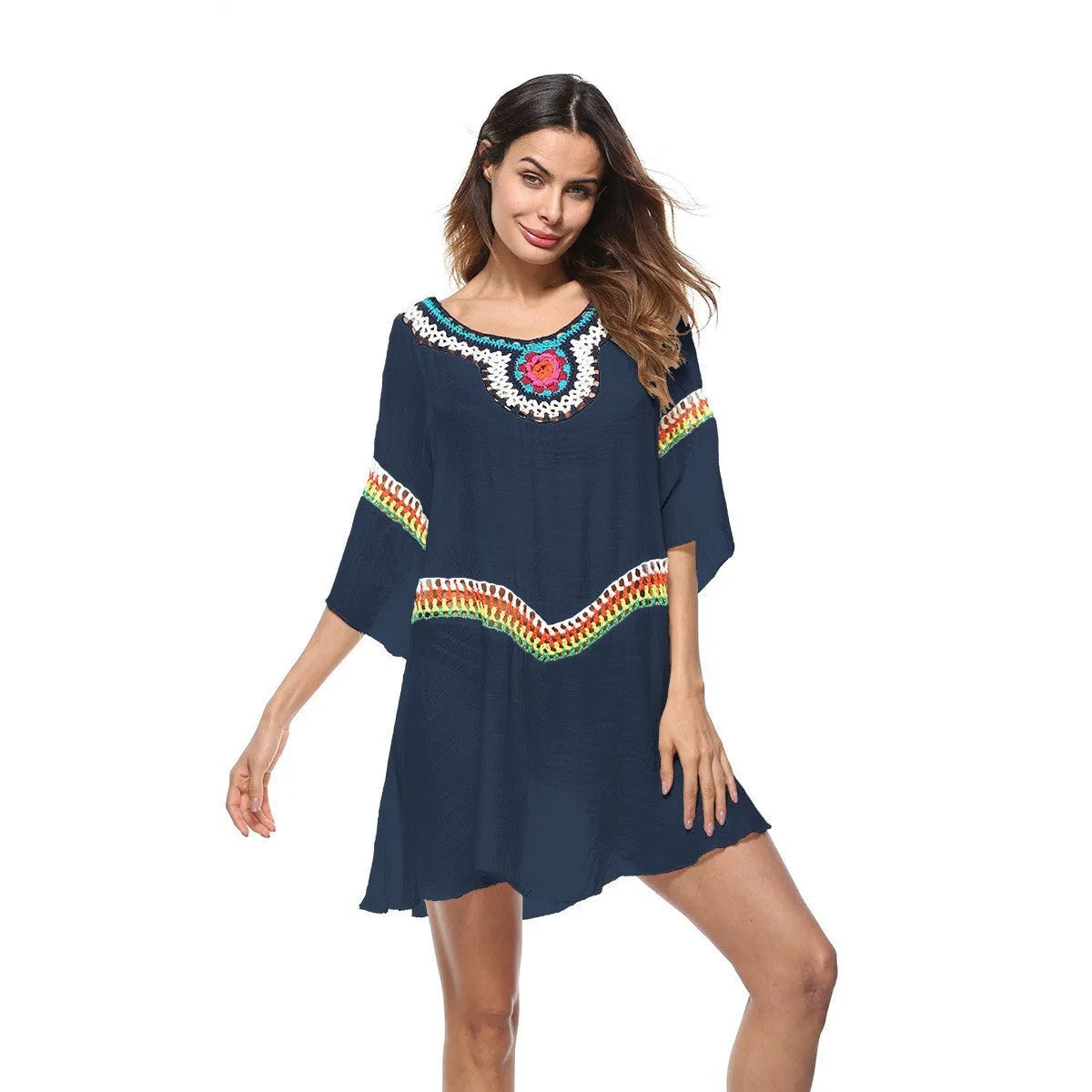 Crocheted ethnic style beach clothing set for women in acrylic fabric with sun protection for swimming