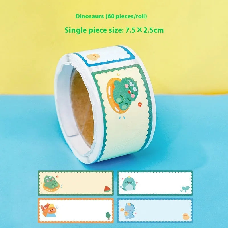 Roll of cartoon name tape stickers showing dinosaur, astronaut, rabbit and girl theme designs