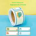 Roll of cartoon name tape stickers showing dinosaur, astronaut, rabbit and girl theme designs
