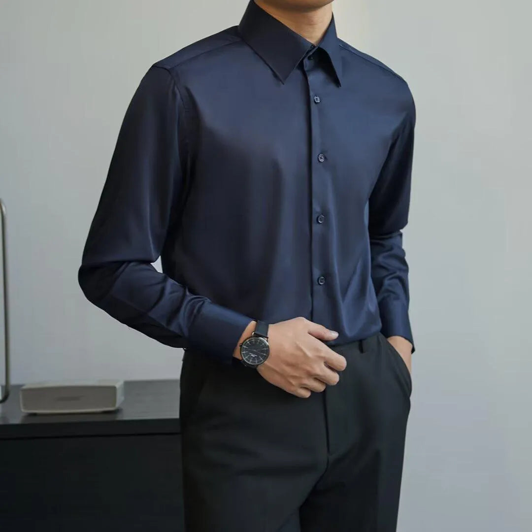 Black men's slim fit Korean style long sleeve cardigan shirt on a hanger