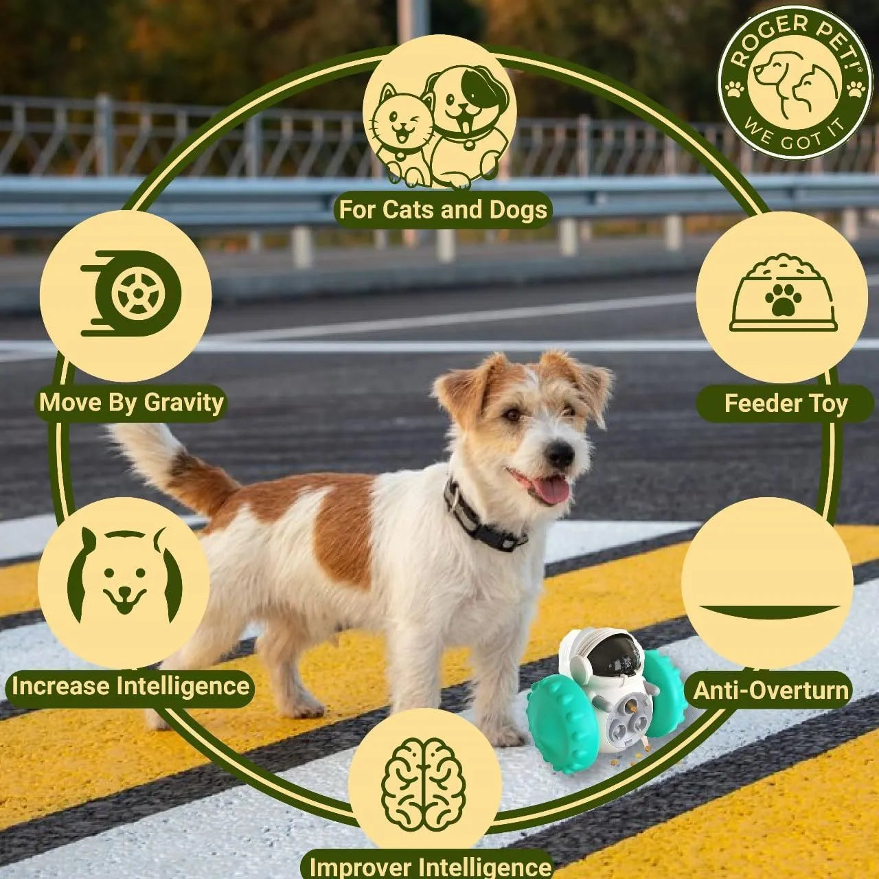 Self-balancing dog treat dispenser toy with roller design for small dogs and cats