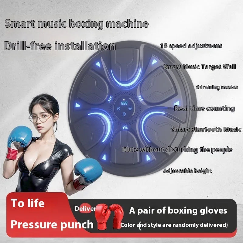 Black leather and PP intelligent music boxing wall target with boxing gloves for home training.