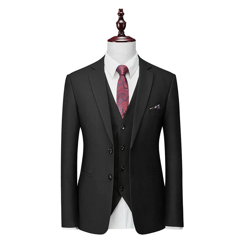 Men's navy blue slim fit three-piece plaid suit with jacket, vest, and trousers on a hanger.
