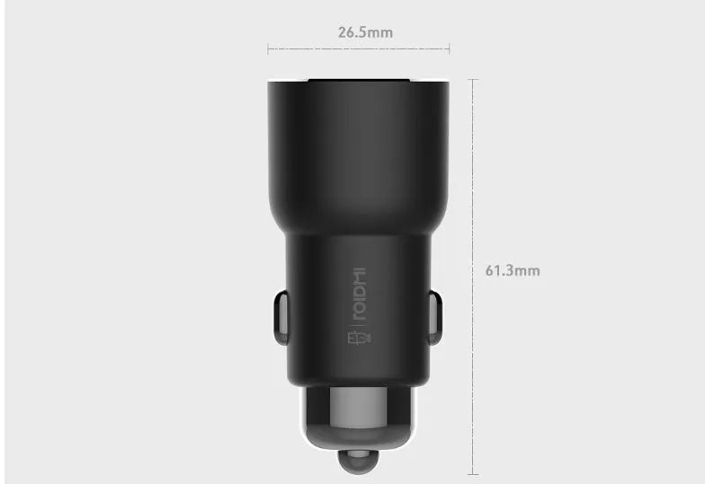 Black USB car charger adapter with dimensions 26.5x26.5x61.3mm for phone and tablet charging