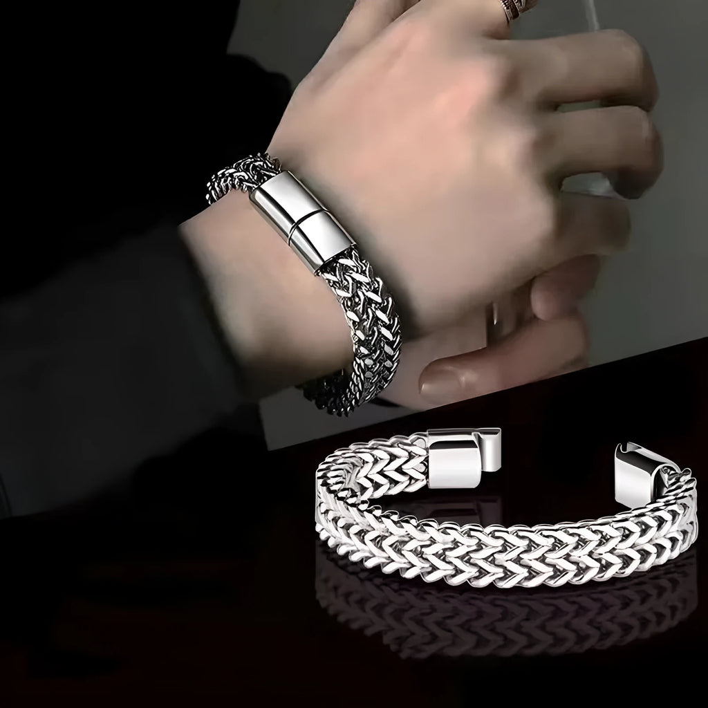 Silver geometric men's stainless steel bracelet showing front and back, with hip hop style.
