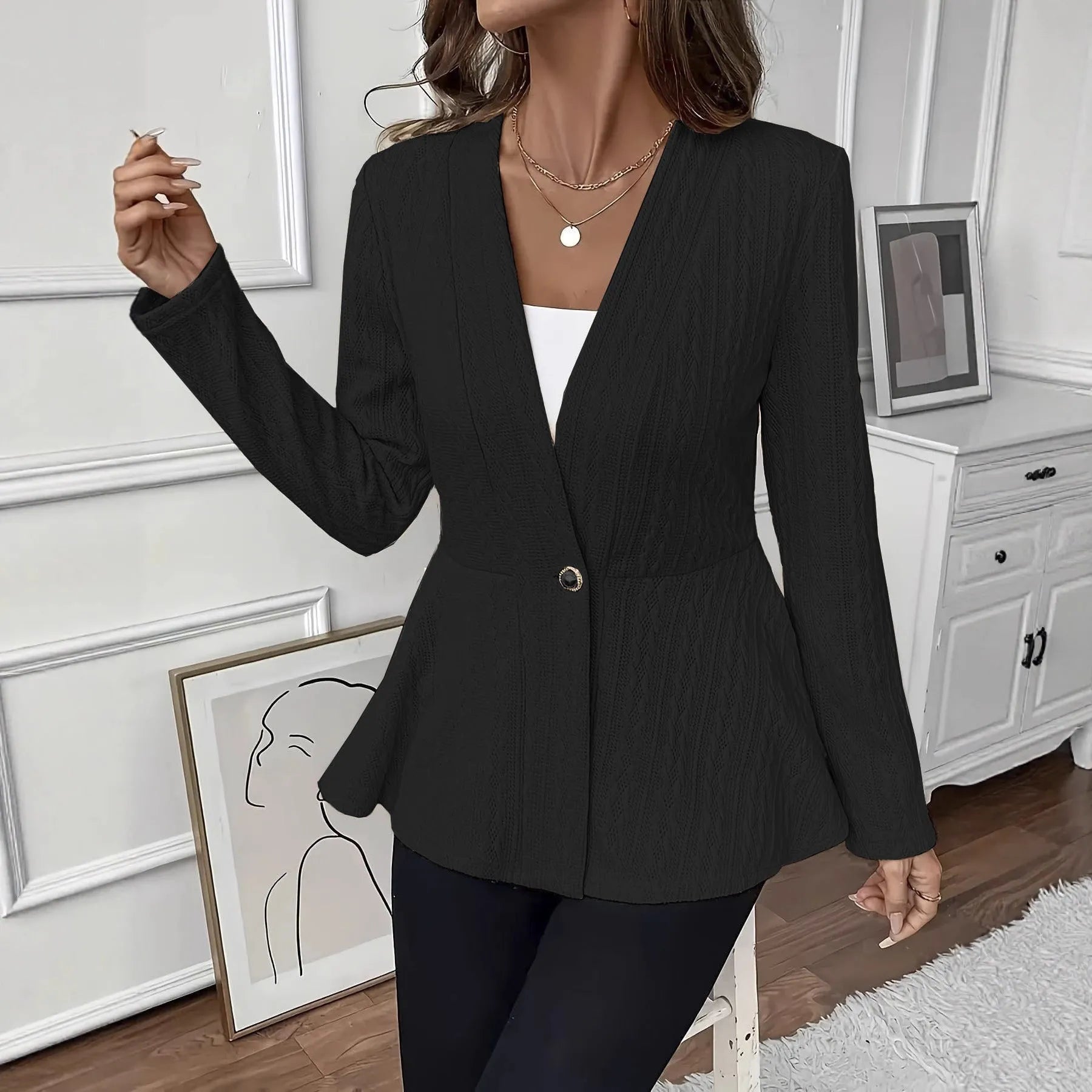 Women's apricot jacquard knitted cardigan with one button front and long sleeves
