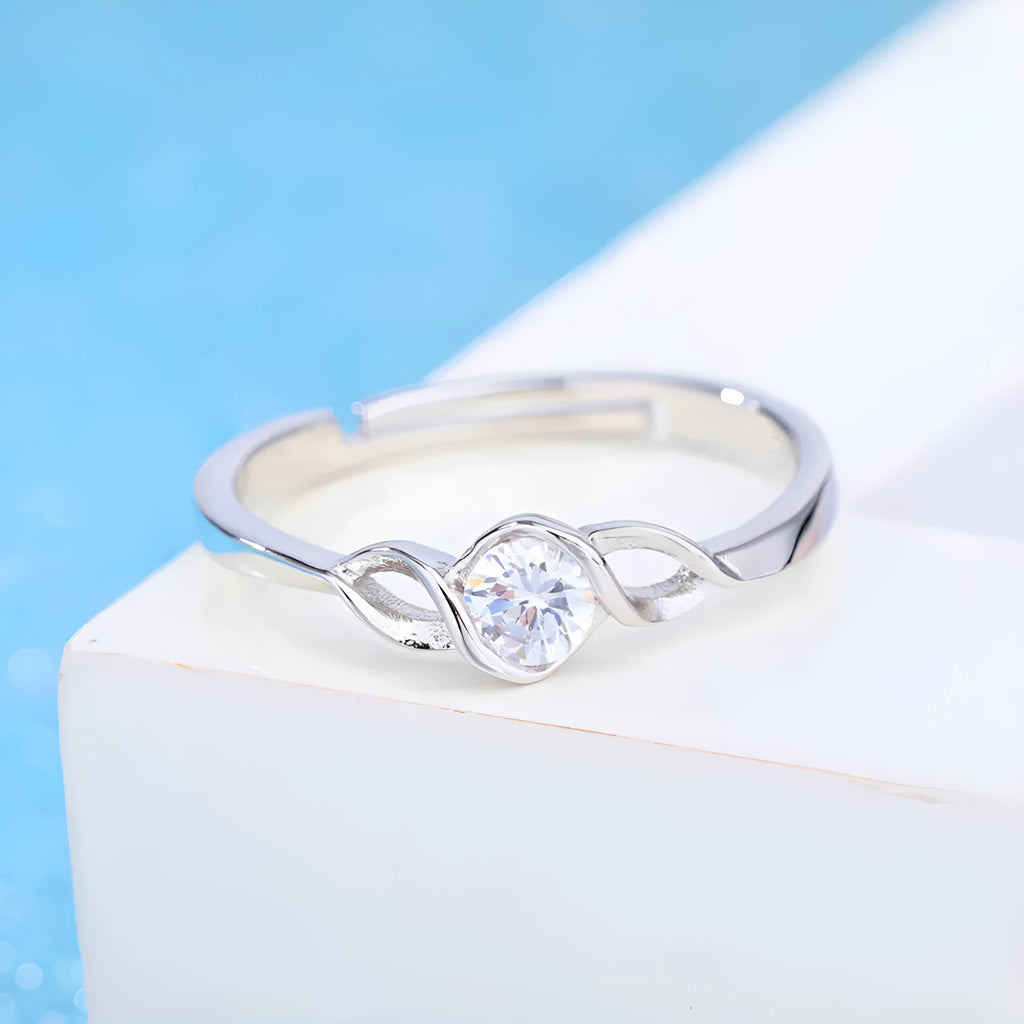 Korean style silver interwoven heart ring with adjustable opening, white diamond finish, copper base